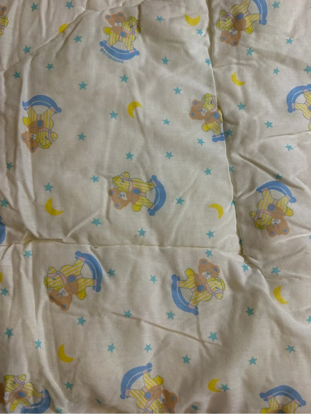 Vintage 80s 90s Baby Crib Comforter Teddy Bear Rocking Horse Moon Stars Pastel